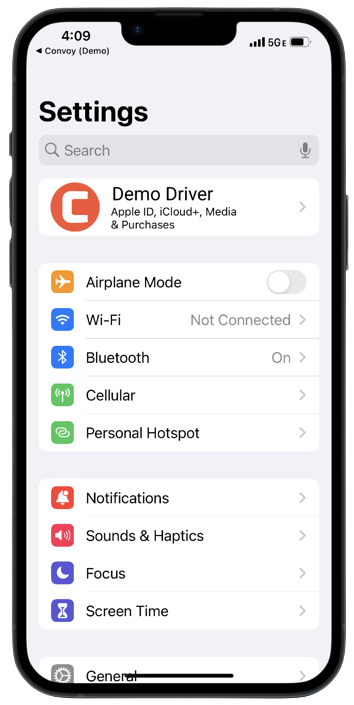 iPhone settings page