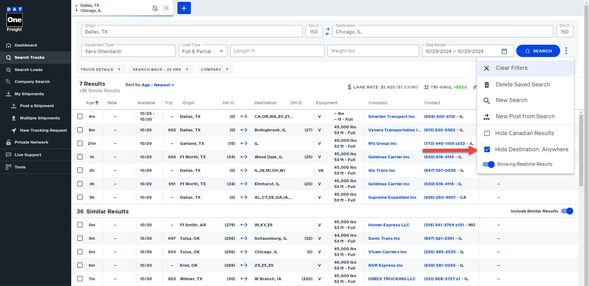 Hide postings with 'Anywhere' as a destination | Welcome to DAT One ...