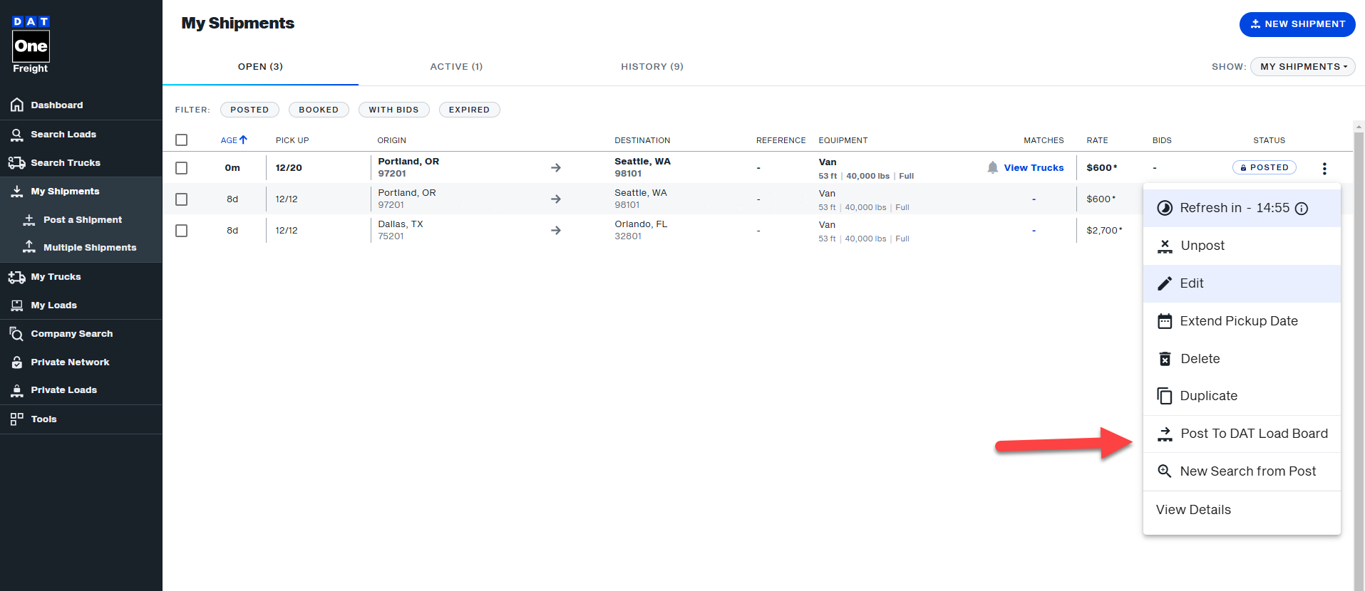 Send a shipment from the Private Network to the DAT Load Board ...