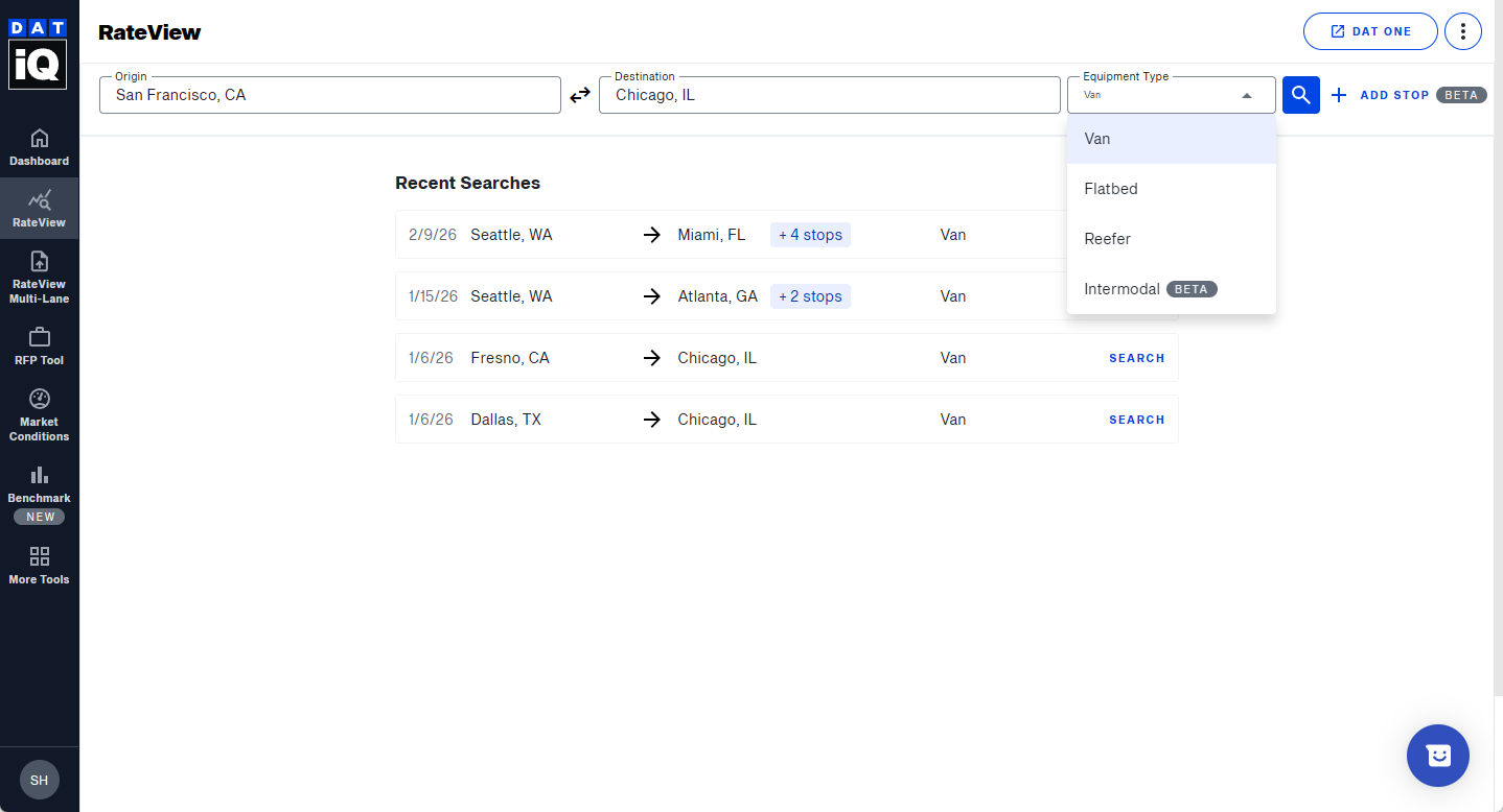 Run a single lane search in RateView | DAT iQ Help Center