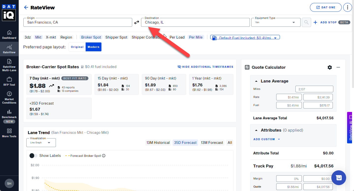 Run a single lane search in RateView | DAT iQ Help Center