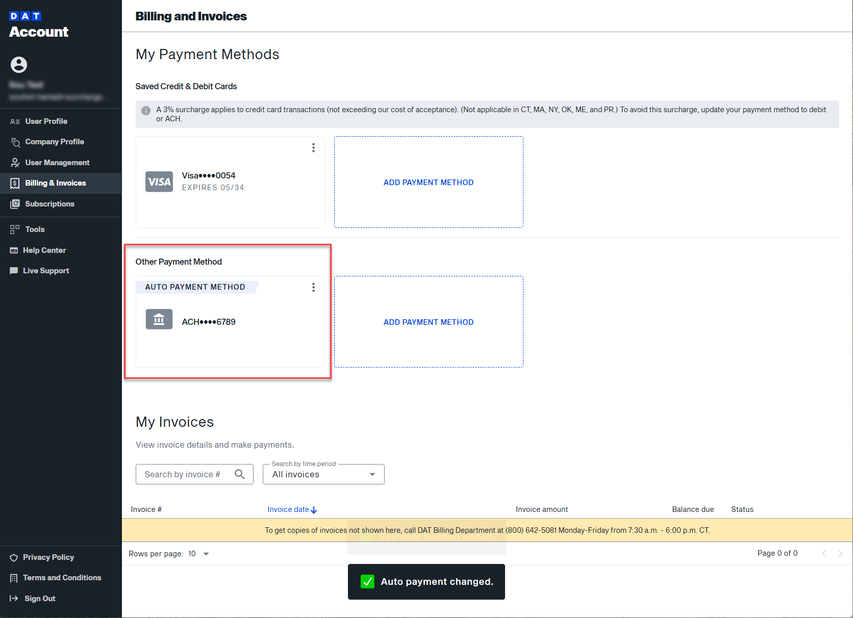 Set up ACH as a payment method | Welcome to DAT One Help Center