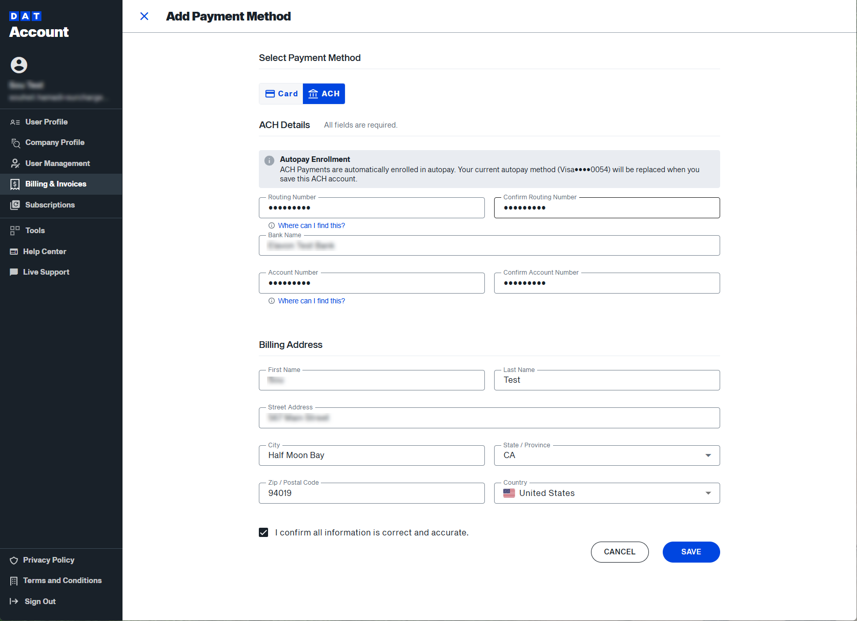 Set up ACH as a payment method | Welcome to DAT One Help Center
