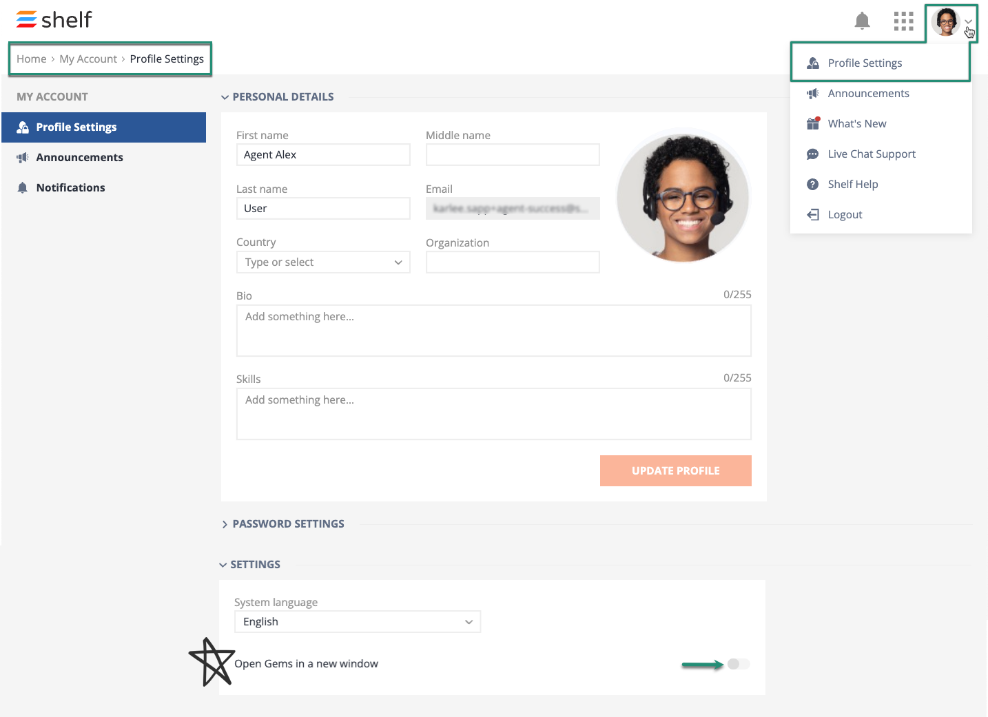 Accessing your Profile Settings | Shelf Help Center